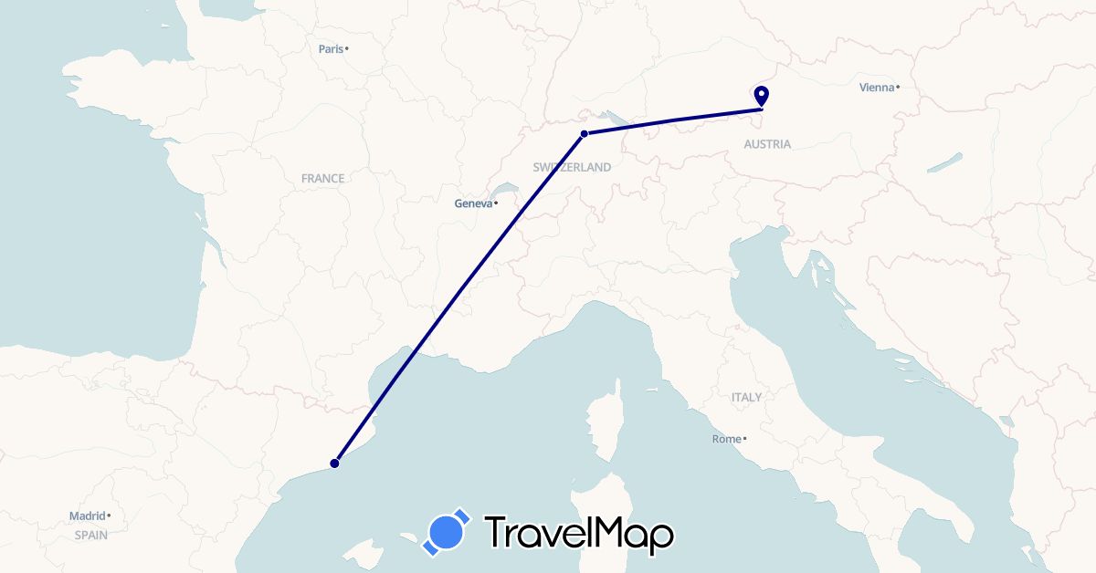 TravelMap itinerary: driving in Austria, Switzerland, Spain (Europe)